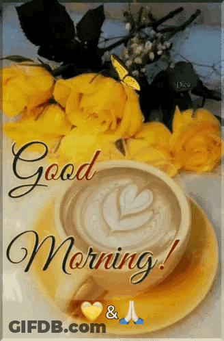 Coffee Cup On Saucer With Yellow Roses And Butterfly GIF