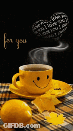Coffee Cup Smiley Face With Lemon And I Love You Heart GIF
