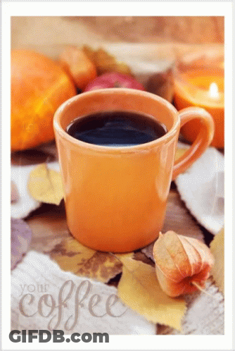 Coffee Cup Surrounded By Autumn Leaves With Your Coffee Sign GIF