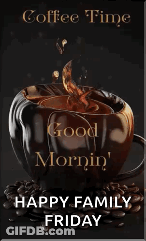 Coffee Cup Surrounded By Beans Saying Coffee Time Good Morning GIF