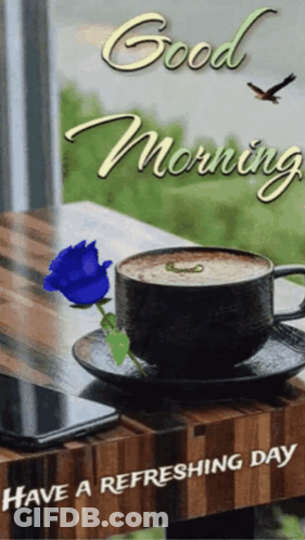 Coffee Cup With Blue Rose And Good Morning GIF