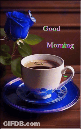 Coffee Cup With Blue Rose Good Morning GIF
