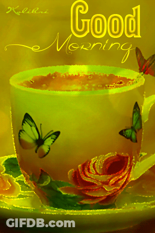 Coffee Cup With Butterflies Saying Good Morning GIF