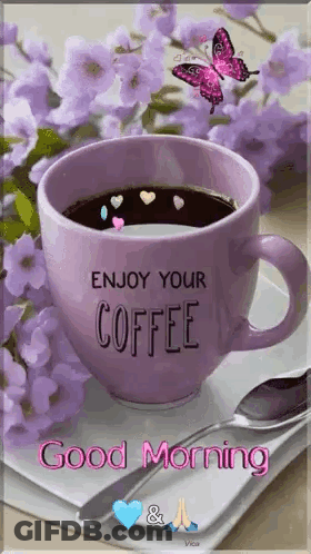 Coffee Cup With Butterfly And Purple Flowers GIF