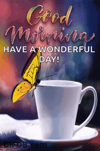 Coffee Cup With Butterfly Saying Good Morning Have A Wonderful Day GIF