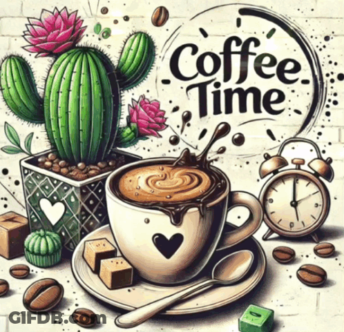Coffee Cup With Cactus Saying Coffee Time GIF