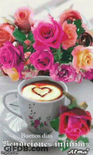 Coffee Cup With Heart Next To Pink Roses GIF