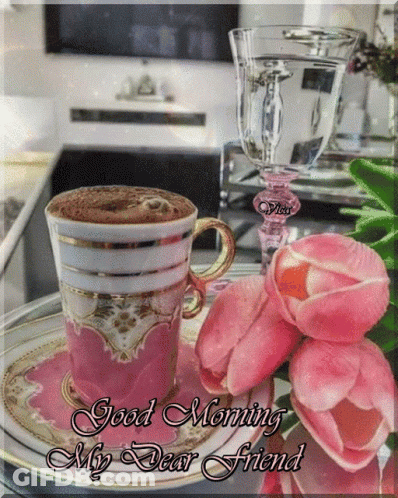 Coffee Cup With Pink Flowers Good Morning GIF