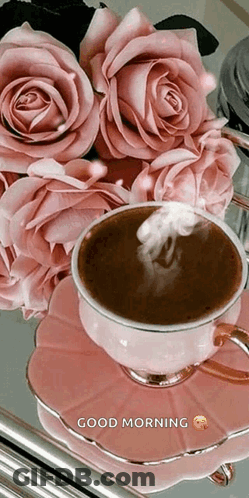 Coffee Cup With Pink Roses GIF
