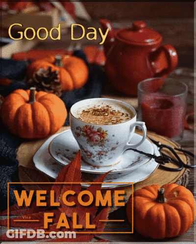 Coffee Cup With Pumpkins And Leaves Good Day Welcome Fall GIF