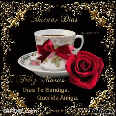 Coffee Cup With Red Rose Saying Buenos Dias Feliz Martes GIF
