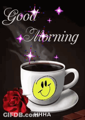 Coffee Cup With Smiley Face And Rose GIF