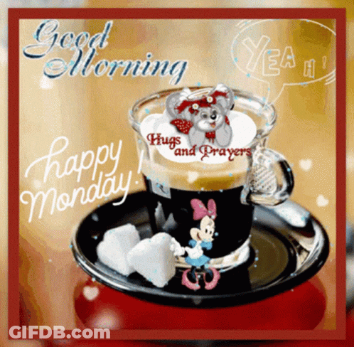 Coffee Cup With Teddy Bear Saying Hugs And Prayers GIF