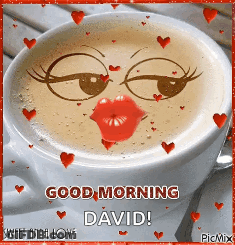 Coffee Cup With Woman Face Saying Good Morning David GIF