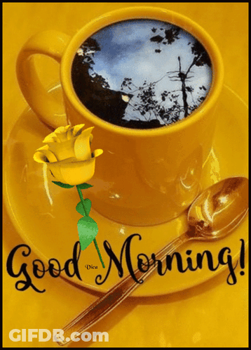 Coffee Cup With Yellow Rose Saying Good Morning GIF
