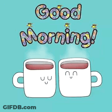 Coffee Cups With Faces Saying Good Morning GIF