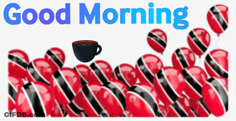 Coffee In Front Of Red And Black Balloons Saying Good Morning GIF