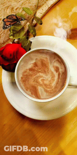 Coffee On Saucer With Rose And Butterfly GIF