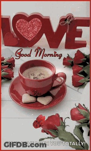 Coffee On Saucer With Roses Saying Good Morning GIF