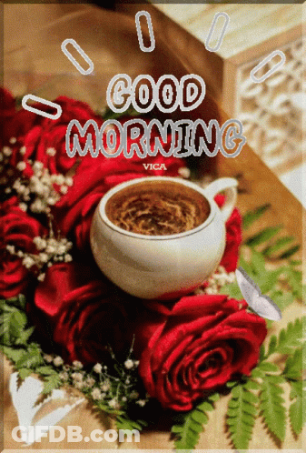 Coffee Surrounded By Red Roses Good Morning Vica GIF