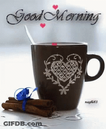 Coffee With Heart And Cinnamon Sticks Saying Good Morning GIF