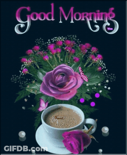 Coffee With Purple Rose Saying Good Morning GIF