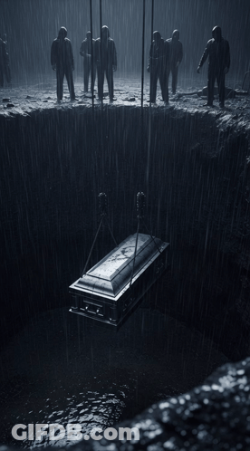 Coffin Hanging Over Water In Rain GIF