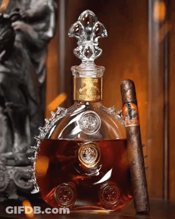 Cognac Bottle Next To Cigar Saying Louis XIII GIF