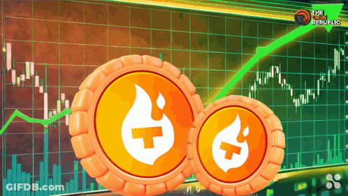 Coin With Flame And Cross In Front Of Stock Chart GIF