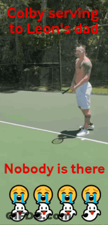 Colby Serving To Leon 'S Dad With A Picture Of A Man On A Tennis Court GIF