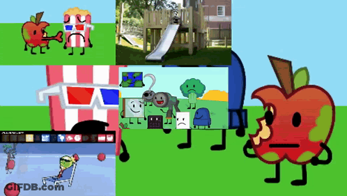 Collage Of Cartoon Characters Including Sad Apple GIF