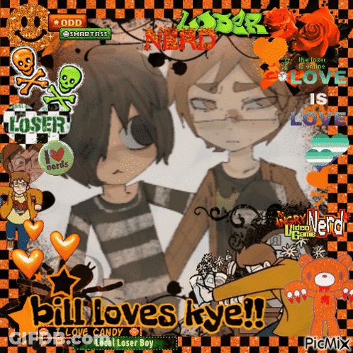 Collage Of Cartoon Characters Saying Bill Loves Kye GIF
