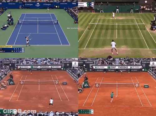 Collage Of Four Tennis Courts With BNP Paribas And Emirates Ads GIF