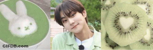 Collage Of Man, Green Tea, And Kiwi Slices GIF