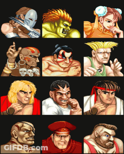 Collage Of Video Game Characters Including Ken Masters And Chun Li GIF