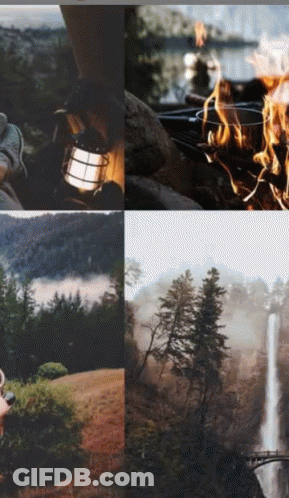 Collage Of Waterfall Campfire And Lantern GIF