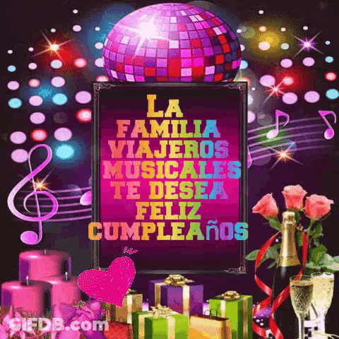 Colorful Birthday Card With Disco Ball And Gifts GIF