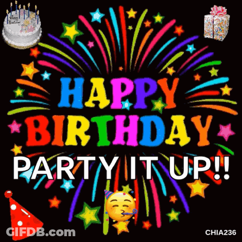 Colorful Birthday Card With Fireworks And Cake GIF