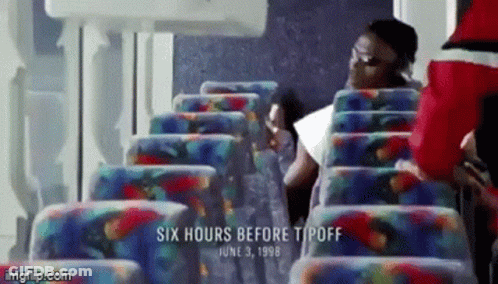 Colorful Bus Seats Saying Six Hours Before Tipoff GIF