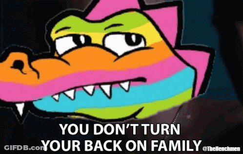 Colorful Cartoon Alligator Saying You Don't Turn Your Back On Family GIF