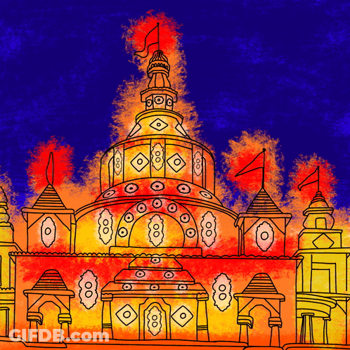 Colorful Castle With Flags Flying In Sky GIF
