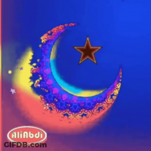 Colorful Crescent Moon With Red Star GIF
