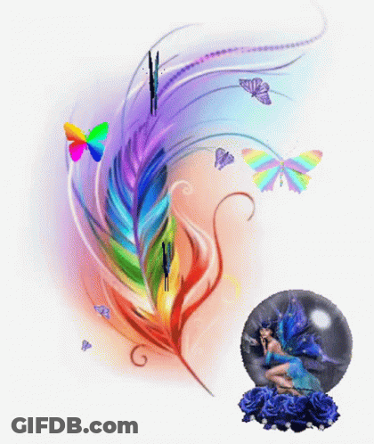 Colorful Feather With Butterflies And Fairy GIF