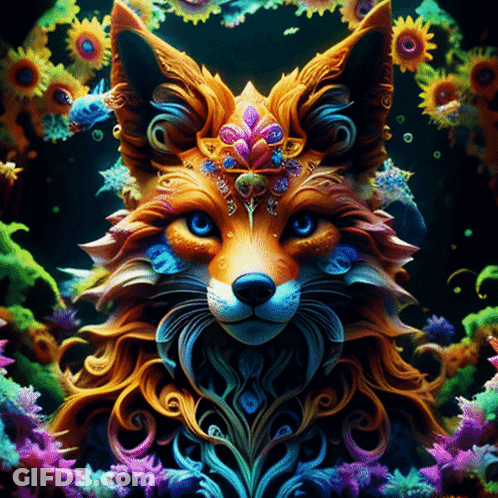 Colorful Fox With Flowers On Head GIF