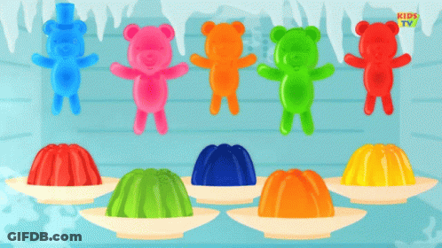 Colorful Gummy Bears On Plates With Kids TV GIF