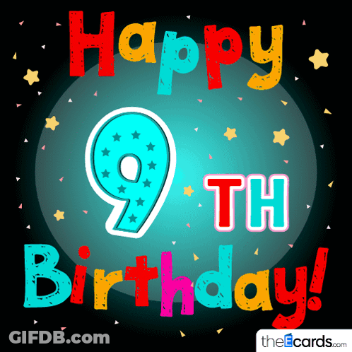 Colorful Happy 9Th Birthday Greeting Card With Stars Confetti GIF