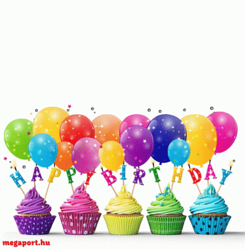 Colorful Happy Birthday Balloons And Cupcakes GIF