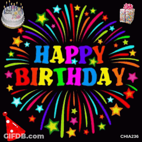 Colorful Happy Birthday Greeting Card With Fireworks And Cake GIF