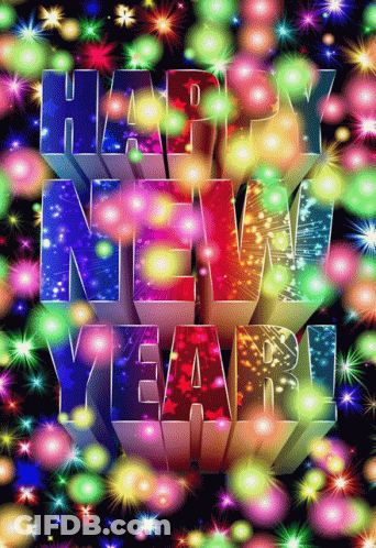 Colorful Happy New Year Greeting Card With Fireworks GIF