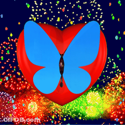 Colorful Heart With Blue Butterfly GIF